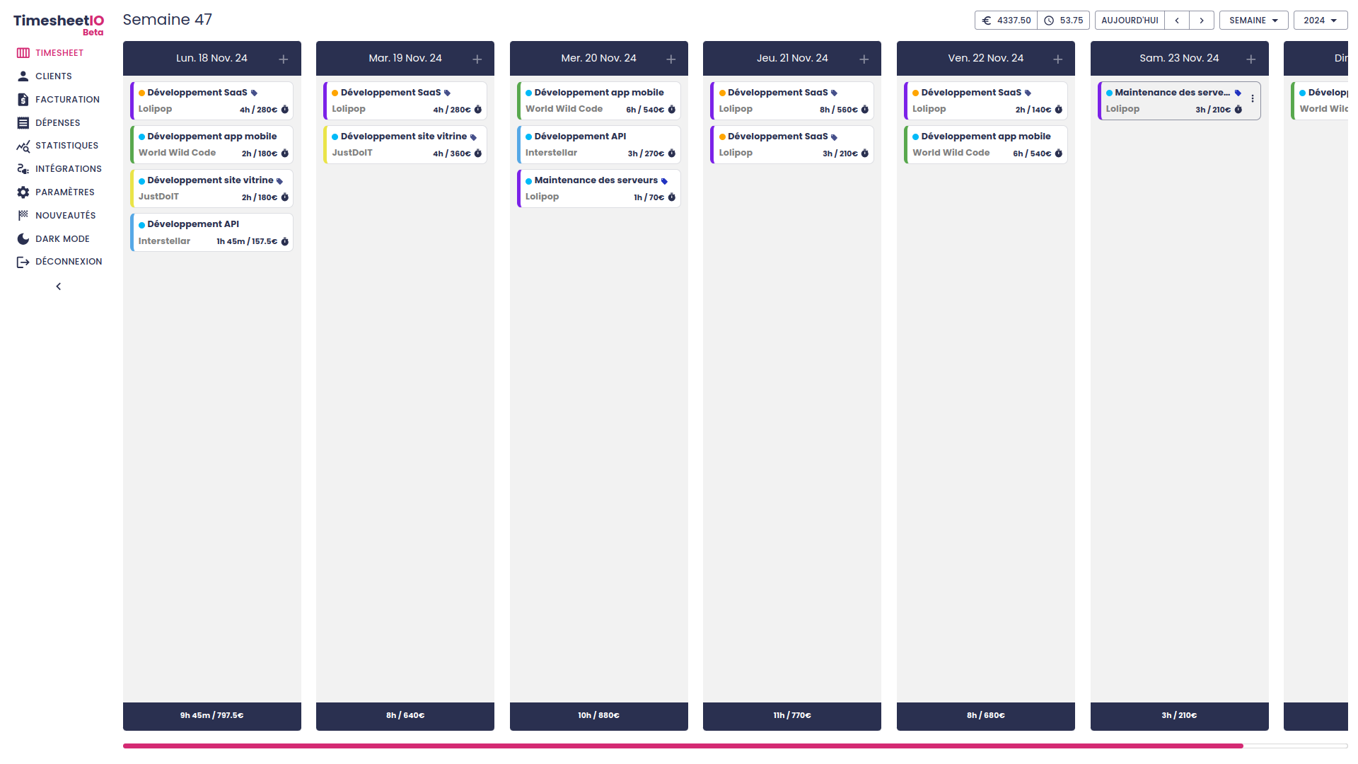 Interface timesheet de TimesheetIO